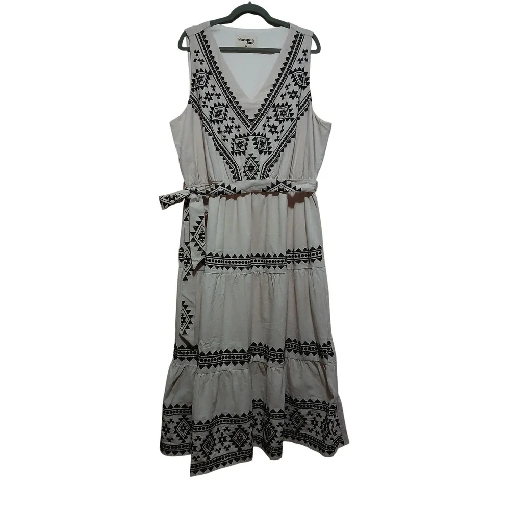 Savanna Jane Embroidered Tiered Midi Dress Beige Black Boho Western Womens 2X - Picture 3 of 11